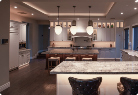 Dining room with vibrant lighting